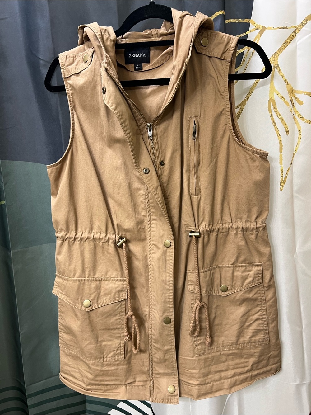 Zenana Outfitters Women's Hooded Utility Vest in Tan